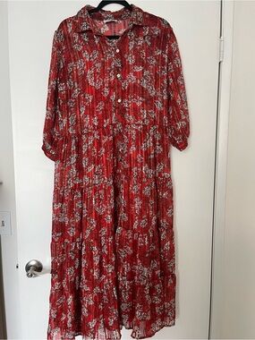 Red Floral Maxi Shirt Dress with Collar